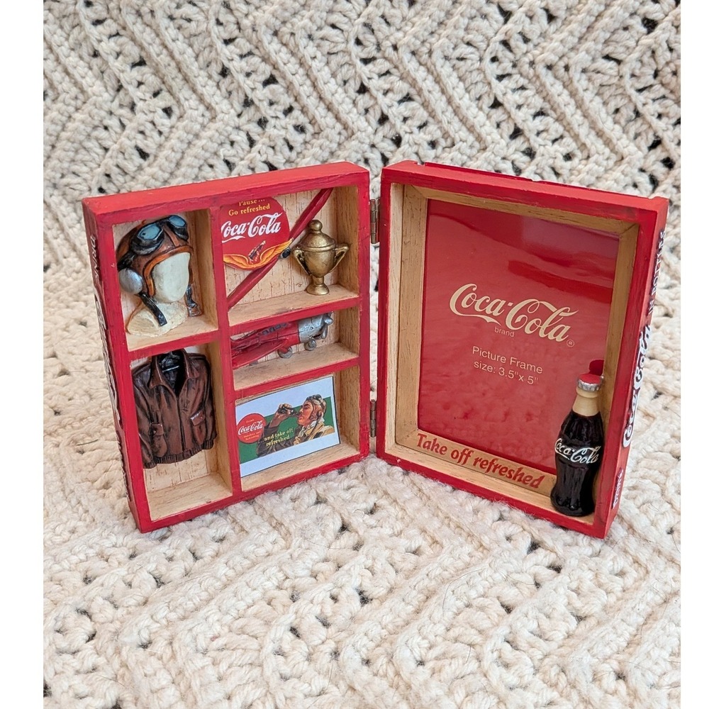 Coca-Cola Shadow Box Picture Frame Aviation Pilot Theme Red Wood Bifold 3.5x5